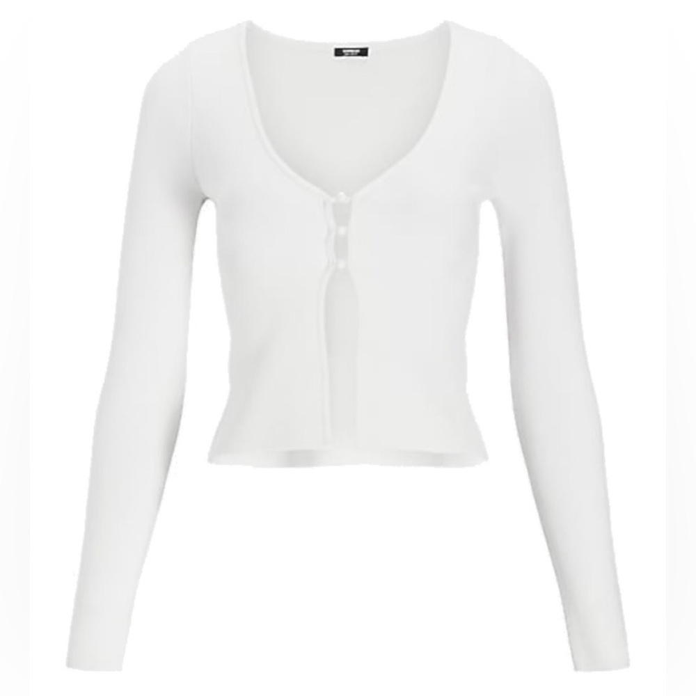 Express White Ribbed Long-Sleeve Scoop Button Top/Cardigan